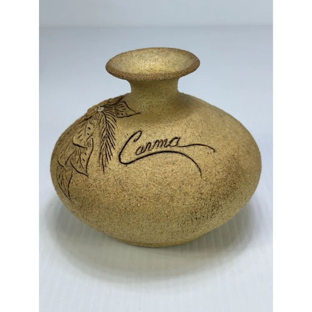 Vintage Carma Studio Sand Cast Pottery Oil Lamp Pot 1980s Signed